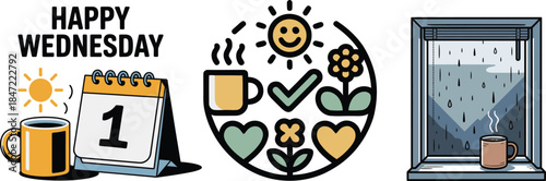 Happy wednesday greeting with coffee calendar sun and hearts set
