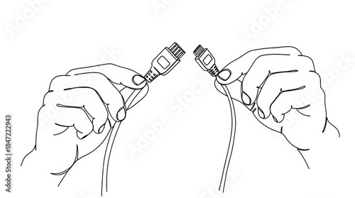 Two hands connecting a USB or data cable, technology connection, digital communication, networking, line art.