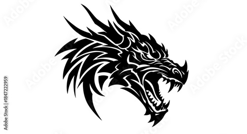 A fierce dragon head vector illustration with intricate tribal design elements, conveying power and mystique against a clean white background, perfect for graphic design.