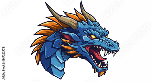 A detailed vector illustration showcases the head of a fierce, blue dragon with golden horns and fiery eyes, exuding power and mystique against a clean white backdrop.