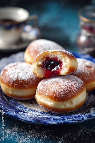 Traditional sweet donuts with powdered sugar and jam. Fat Thursday or Hanukkah celebration. freshly baked jelly donuts stack 
