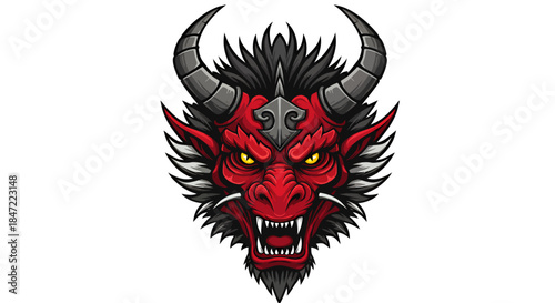 Detailed vector illustration of a fierce red dragon head with sharp horns and menacing eyes, isolated on a clean white background, perfect for fantasy themes.