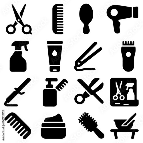 Essential Hairdressing Collection: A selection of hair styling tools, including scissors, combs, hairbrushes and hair dryers, create a comprehensive set for crafting various styles.