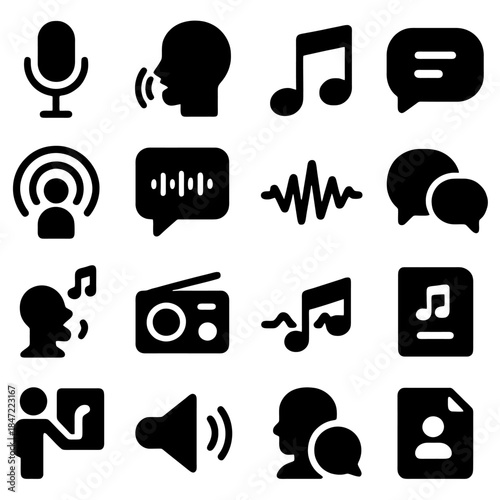 Communication Icons: A collection of icons symbolizes the essence of communication, from the subtle nuances of music to the directness of speech. The black icons stand out against the backdrop.