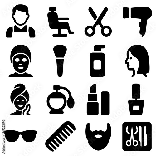 Beauty Icon Compilation: A visually appealing compilation of beauty icons, elegantly presented. The set encompasses essential elements of beauty care and hair styling. 