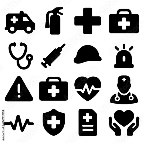 Essential First Aid Collection: A vital assortment of emergency and medical icons, symbolizing safety, care, and immediate response in critical situations.
