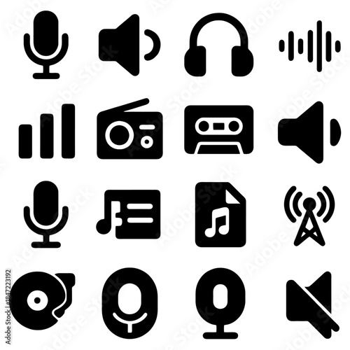 Sound Icons Collage: A collection of various sound icons in a visually striking collage, representing elements of audio and technology.