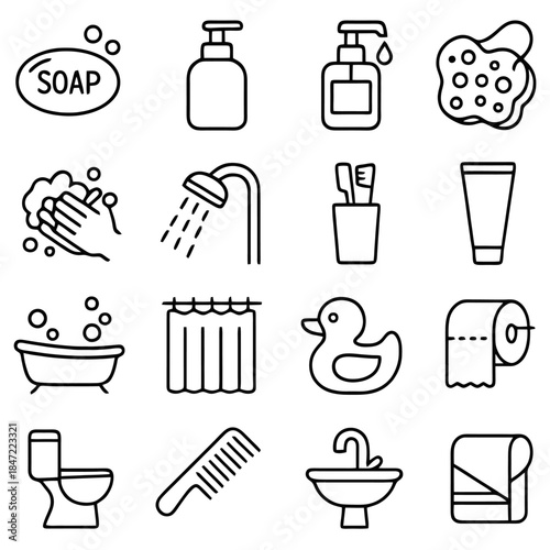 Bathroom Essentials: A collection of clean and simple line art illustrations featuring essential bathroom items, perfect for a hygiene-focused visual.