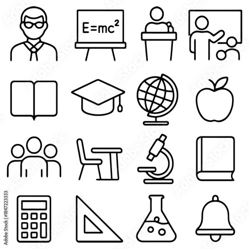 Educational Icons: A collection of educational icons, including teacher, chalkboard, books, globe, apple, student, desk, microscope, calculator, and triangle.