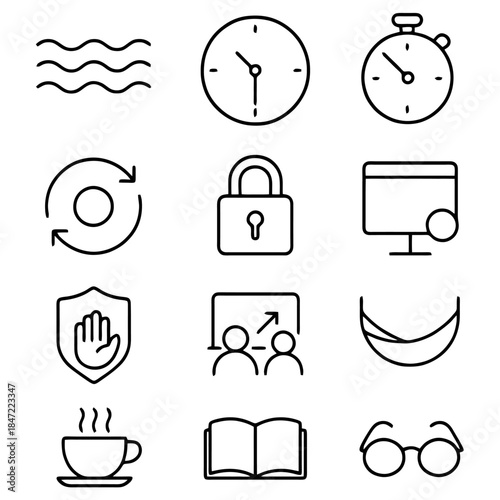 Assortment of Simplified Icons: A carefully curated set of minimalist icons encompasses diverse concepts, symbolizing elements from time and security to education and leisure.