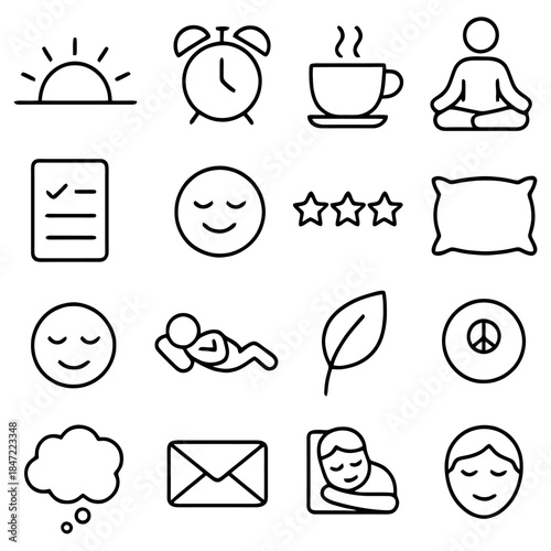 Morning Serenity Icon Set: A collection of meticulously designed icons representing the tranquility of morning, featuring a sunrise, alarm clock, cup of coffee, and peaceful elements. 