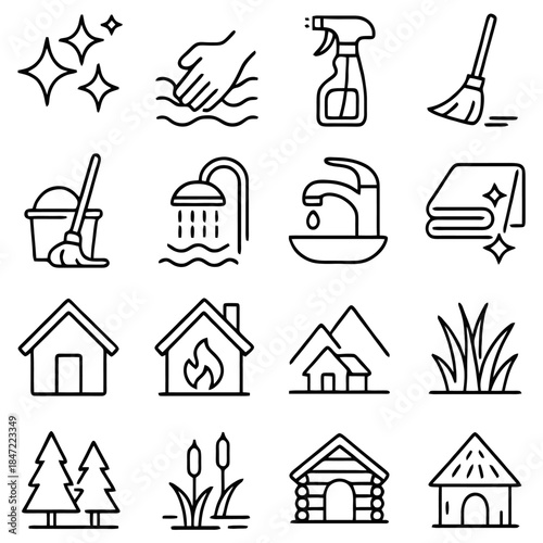 Home Cleaning Icons: A collection of concise icons representing essential home cleaning and maintenance, covering elements from cleanliness to nature.
