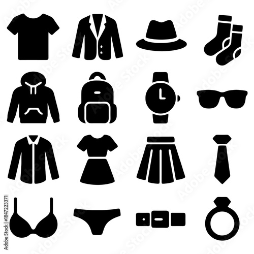 Fashion Essentials: A collection of clothing and accessory icons, representing the fundamental building blocks of a wardrobe, illustrating style versatility and sartorial options.