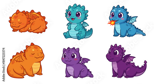 An enchanting collection of six adorable baby dragons in various poses and vibrant colors, depicted in a playful cartoon vector style.