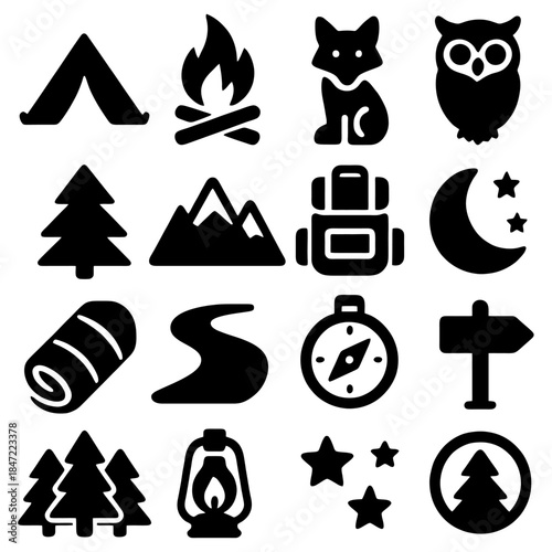 Camping Symbols: Collection of camping icons for outdoor adventure themes, featuring tent, fire, fox, owl, pine tree, mountain, backpack, moon, star, sleeping bag, trail, compass, sign, lantern.
