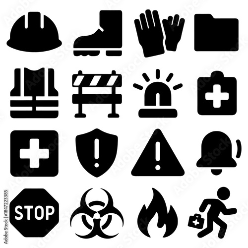 Essential Safety Icons: A collection of meticulously crafted safety icons, each a symbol of workplace and environmental precautions. These icons cover a wide range of hazard management.