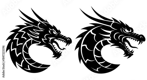 Two fierce black dragon heads depicted in a stylized vector graphic, showcasing detailed scales and an intimidating mythical presence.
