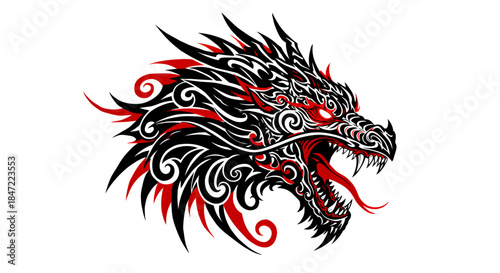 A powerful and aggressive tribal dragon head vector illustration, featuring intricate black and red ornamental patterns, symbolizing strength and ancient mythology.