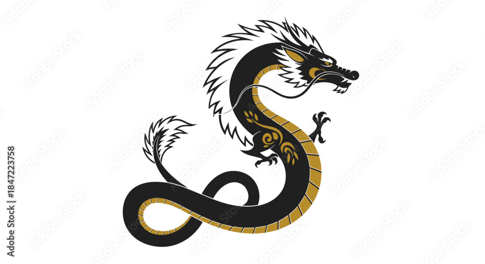 Fototapeta premium A sleek, stylized black dragon vector illustration with gold accents, showcasing a modern and powerful mythical creature on a clean white background.