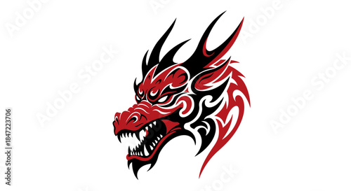 Wallpaper Mural A fierce red and black dragon head illustration, rendered in a striking vector style against a clean white background, showcasing detailed artwork and a powerful, mythical creature. Torontodigital.ca