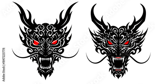 A detailed vector illustration showcases a fearsome dragon head with intricate patterns, sharp fangs, and piercing red eyes against a clean white background, perfect for design needs.