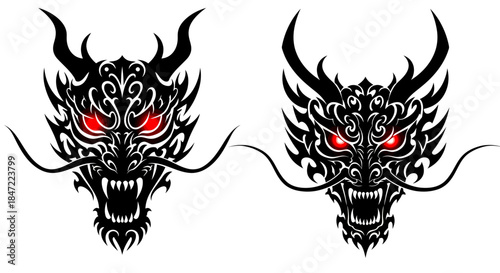 Two powerful black tribal dragon head vectors with glowing red eyes and intricate ornate patterns evoke a sense of ancient mythology and fierce strength.