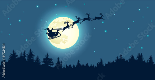 Santa Claus on sleigh with reindeer on background of full moon