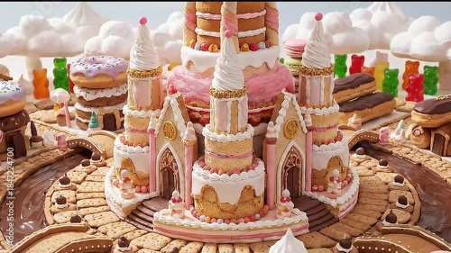 Fantasy Dessert Kingdom with Cake Castle, Donuts, and Gummy Bear Clouds
