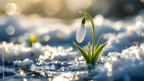 Delicate snowdrop flower emerges through melting snow in a serene winter landscape symbolizing hope and new beginnings.