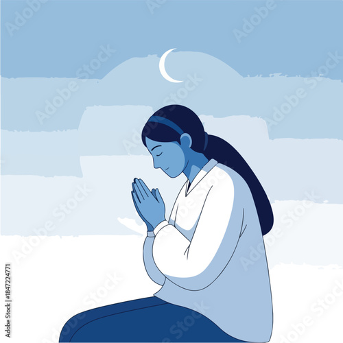 Woman Praying Under Crescent Moon in Serene Night.