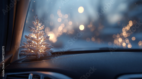 Christmas Tree on a Car Dashboard During a Winter Journey