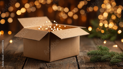 Open Cardboard Box with Christmas Lights on a Rustic Wooden Table
