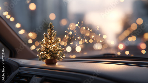 Small Christmas Tree on a Car Dashboard During Holiday Travel