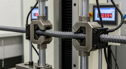 Closeup of tensile testing machine clamping metal rebar specimen in industrial laboratory, precision mechanical equipment measuring material strength with digital control displays