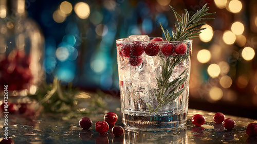 Cranberry Cocktail with Rosemary in a Festive Christmas Arrangement