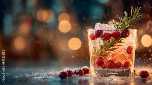 Festive Christmas Cocktail with Cranberries, Rosemary and Ice