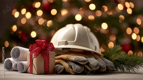Construction Hard Hat, Blueprints and Christmas Gift for a Building Worker