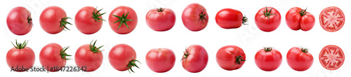 Set of fresh pink whole tomatoes of different varieties isolated on a transparent background, png image. Organic vegetables