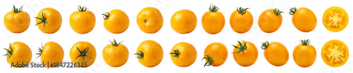 Set of fresh yellow whole tomatoes of different varieties isolated on a transparent background, png image. Organic vegetables