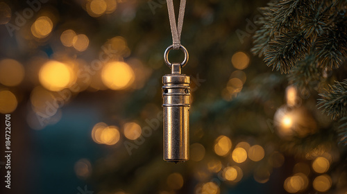 Metal Whistle Hanging on a Christmas Tree with Festive Golden Lights