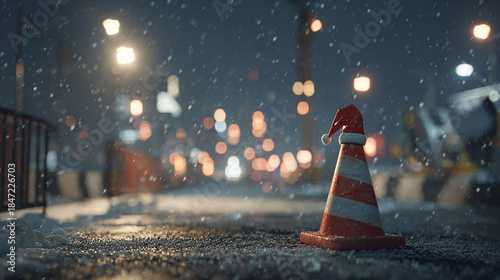 Traffic Cone Wearing a Santa Hat During a Snowy Christmas Night