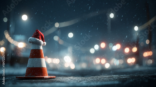 Festive Traffic Cone Wearing a Santa Hat on a Snowy City Street