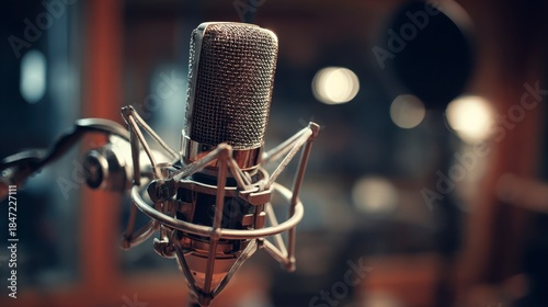 Close-up of a vintage microphone, centered with a blurred studio backdrop. Soft lighting and shallow depth of field. Audio recording equipment