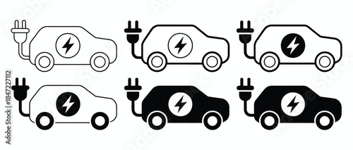 Electric Car Charging Black Icon Bundle, a professional vector set featuring electric vehicle charging symbols for green mobility, renewable energy transportation, and sustainable automotive design