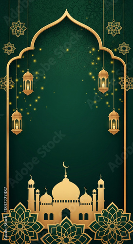 Elegant green and gold Islamic background with mosque silhouette, lanterns, and decorative patterns, perfect for Ramadan or Eid greetings.