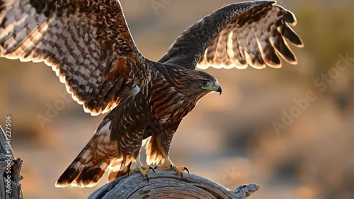 Closeup of a Bird of Prey Perched on a Log with Wings Spread in Natural Wilderness. Hawk Landing on Tree Branch with Spread Wings
