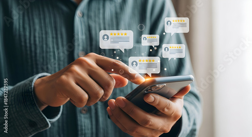 Person interacting with smartphone displaying positive reviews