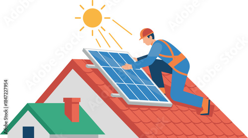 Man installing solar panel on a house roof under the sun