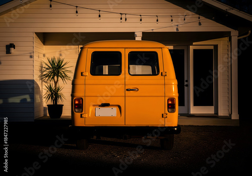 A vintage yellow van is parked in the dark in front of a white house with string lights overhead Generative AI