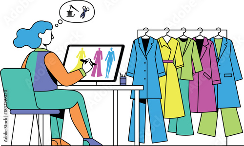 Fashion designer working on a computer with clothes on a rack